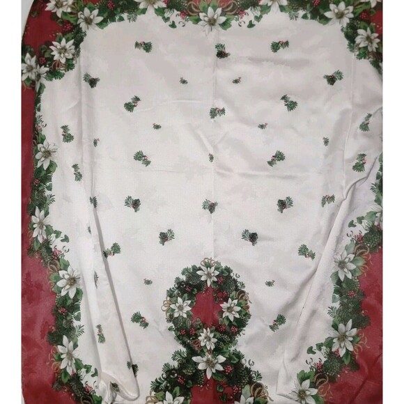 Large Christmas Jacquard Tablecloth Red White Poinsettas Mistletoe 100x58" Sheen - Picture 8 of 10